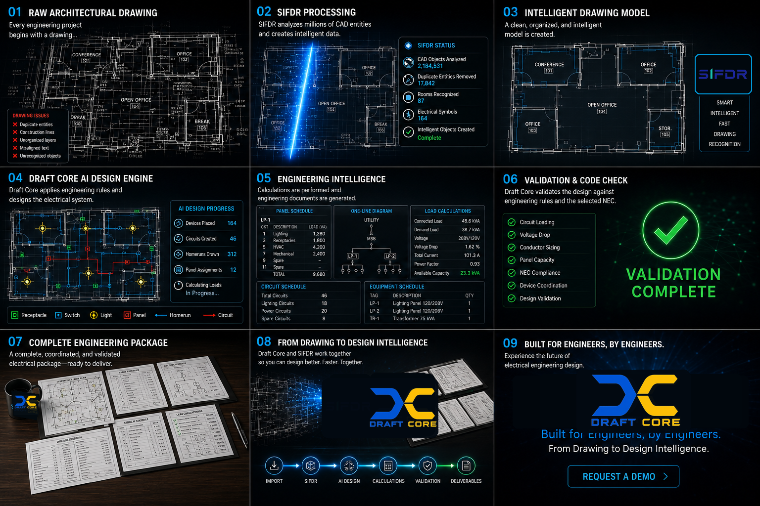 Draft Core workflow storyboard showing raw CAD drawing, SIFDR processing, AI-assisted design, engineering validation, and a complete engineering package