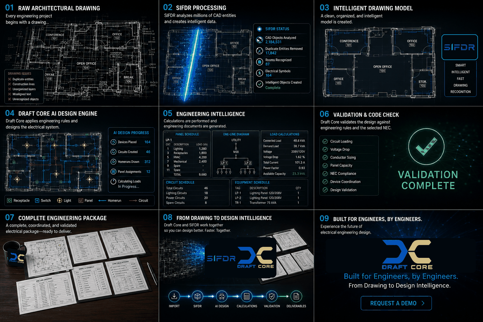 An illustrated storyboard: a raw CAD drawing, SIFDR cleanup, and conceptual frames showing where the DraftCore platform is heading.