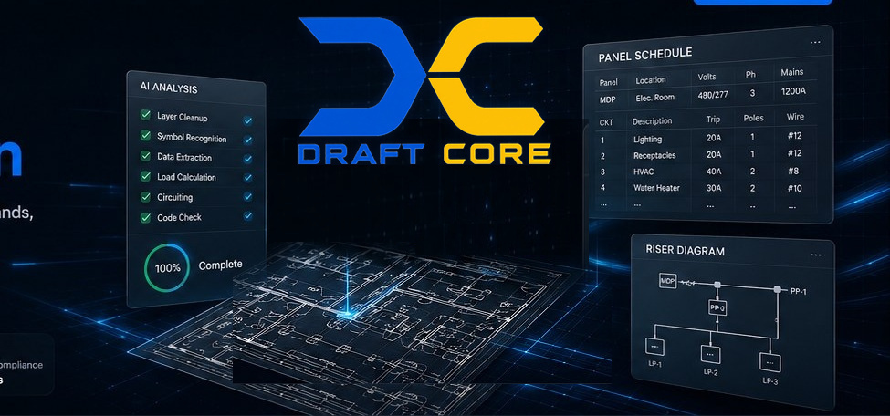 Draft Core logo displayed clearly above a realistic electrical CAD schematic with AI analysis, panel schedule and riser diagram